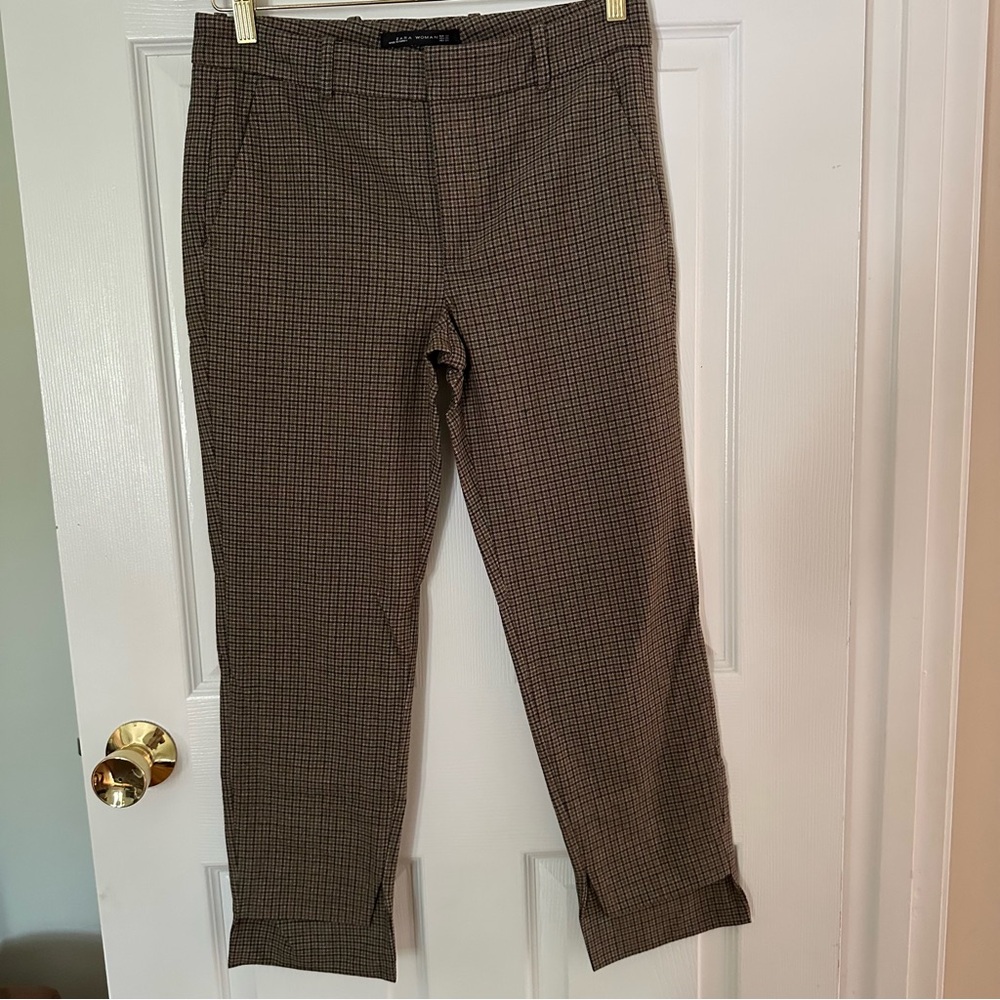 Zara Woman Size 4 Straight-Leg Office Pants Brown/Black Plaid Stretch Cropped
